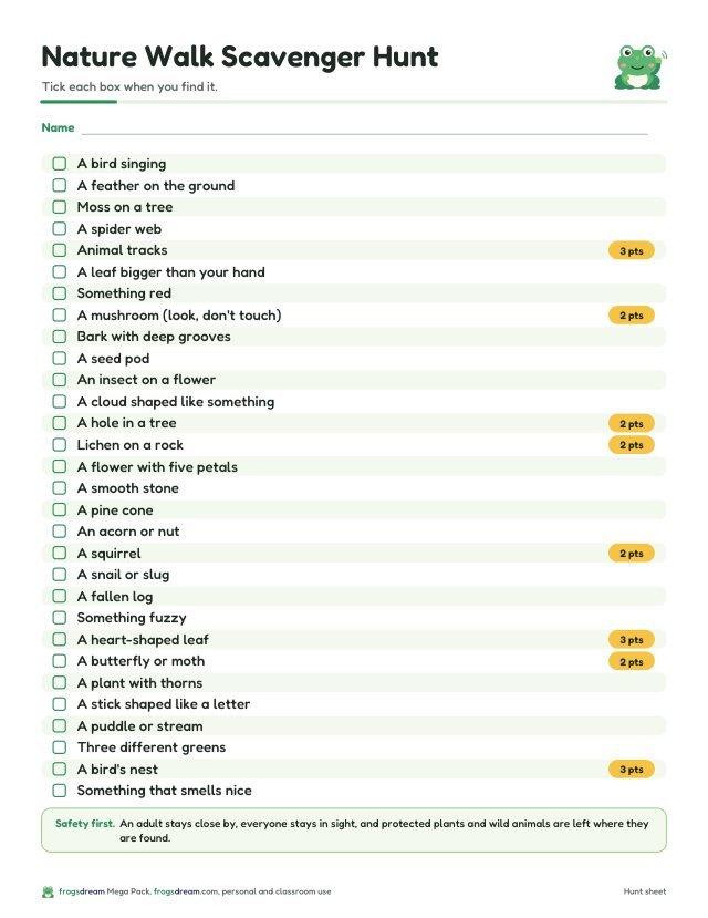 Nature walk scavenger hunt checklist with points and a safety note