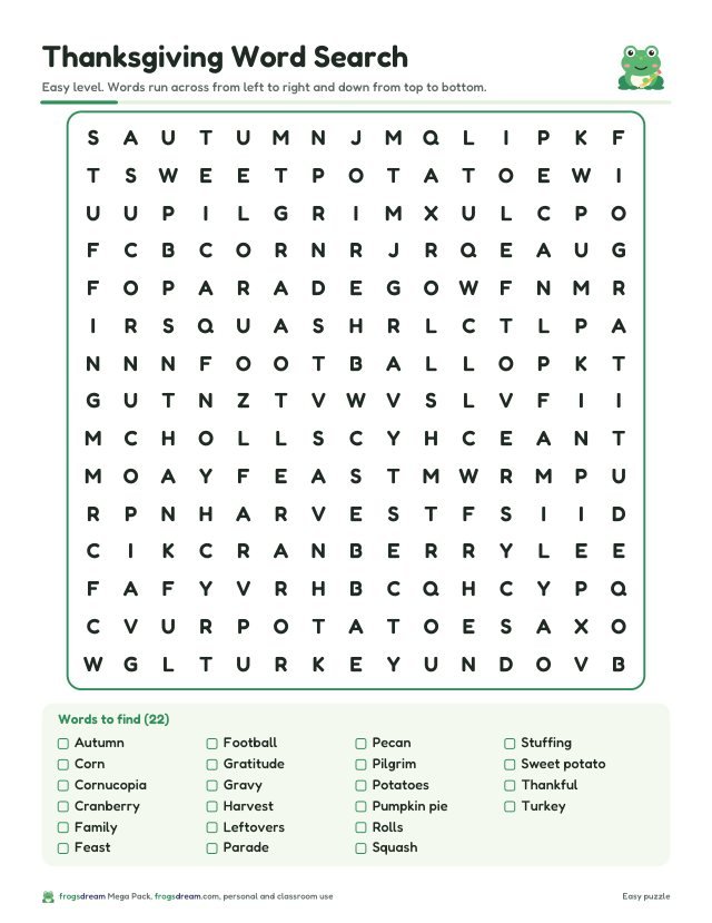 Thanksgiving word search page with a checklist of words to find