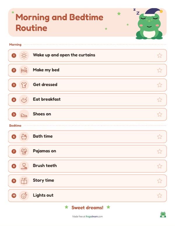 Morning and Bedtime Chart: free printable bedtime routine chart from frogsdream