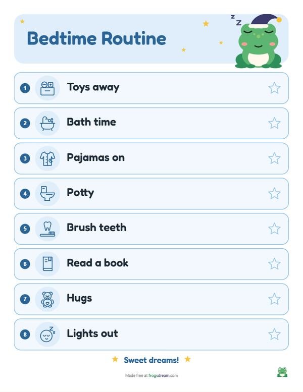 Preschool Bedtime Chart: free printable bedtime routine chart from frogsdream