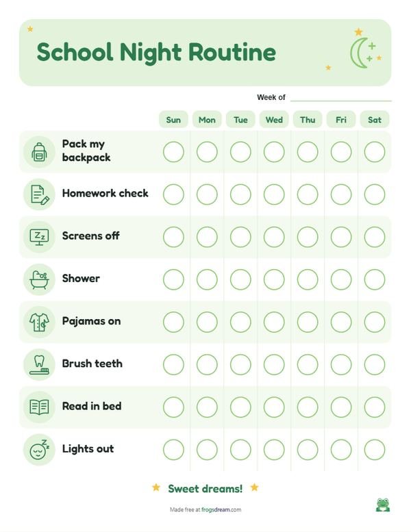 School Age Bedtime Chart: free printable bedtime routine chart from frogsdream