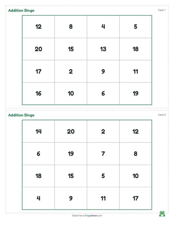 Addition Facts Bingo: free printable bingo card from frogsdream