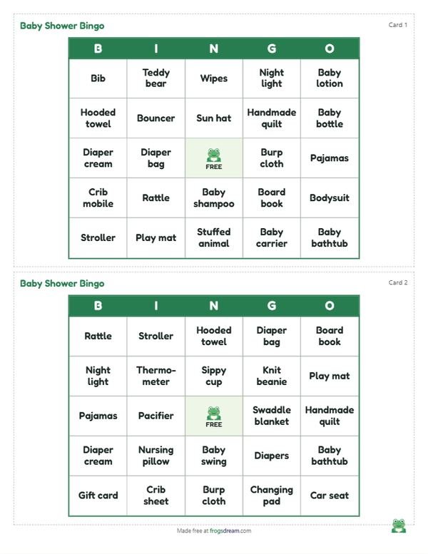 Baby Shower Bingo: free printable bingo card from frogsdream