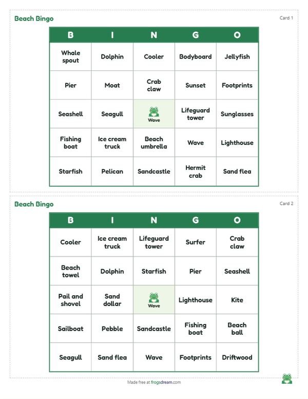 Beach Bingo: free printable bingo card from frogsdream