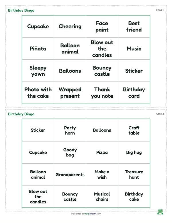 Birthday Party Bingo: free printable bingo card from frogsdream