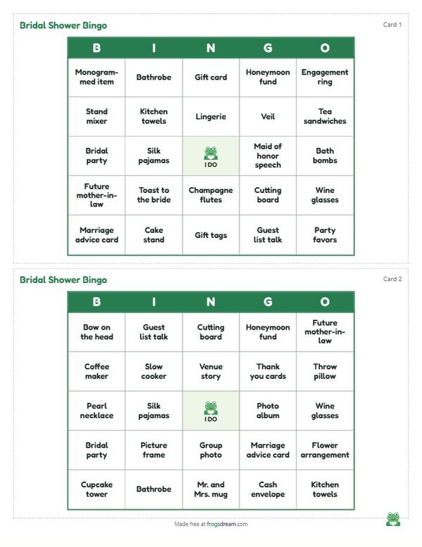 Bridal Shower Bingo: free printable bingo card from frogsdream