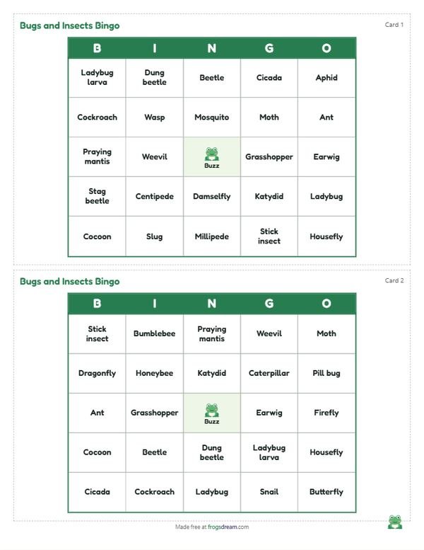 Bugs and Insects Bingo: free printable bingo card from frogsdream