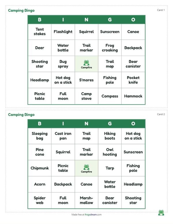 Camping Bingo: free printable bingo card from frogsdream