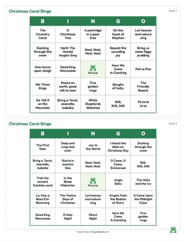 Christmas Carol Bingo: free printable bingo card from frogsdream