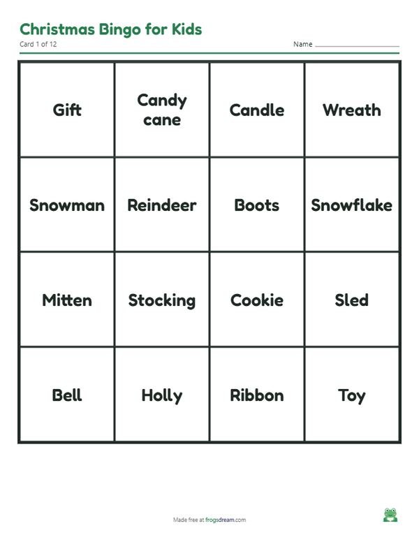 Christmas Bingo for Kids: free printable bingo card from frogsdream