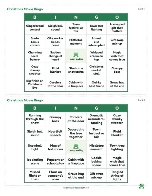 Christmas Movie Bingo: free printable bingo card from frogsdream