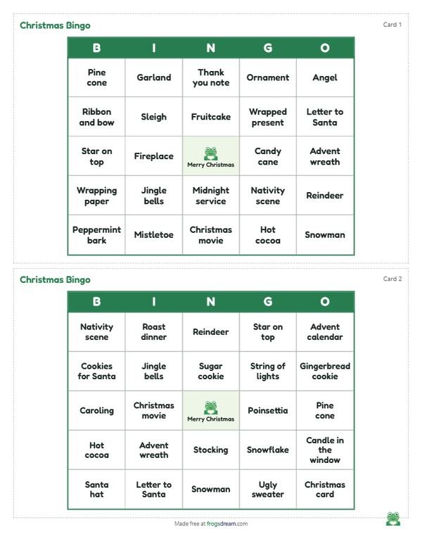 Christmas Bingo: free printable bingo card from frogsdream