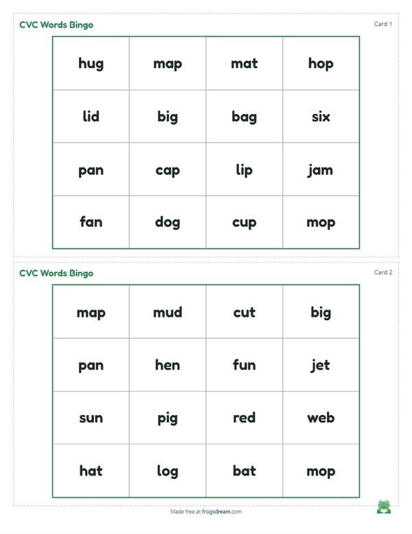 CVC Words Bingo: free printable bingo card from frogsdream