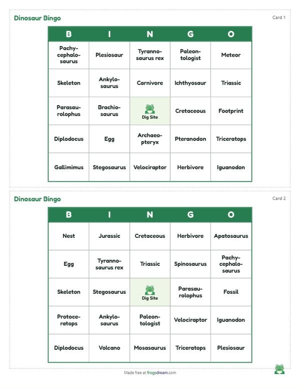 Dinosaur Bingo: free printable bingo card from frogsdream