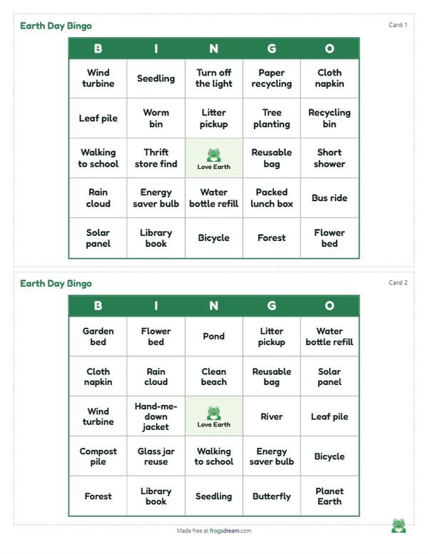 Earth Day Bingo: free printable bingo card from frogsdream