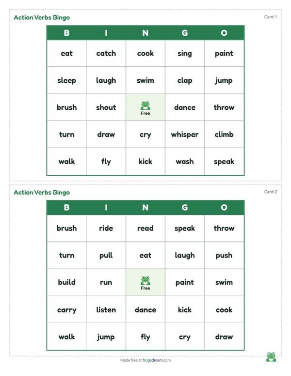 ESL Action Verbs Bingo: free printable bingo card from frogsdream