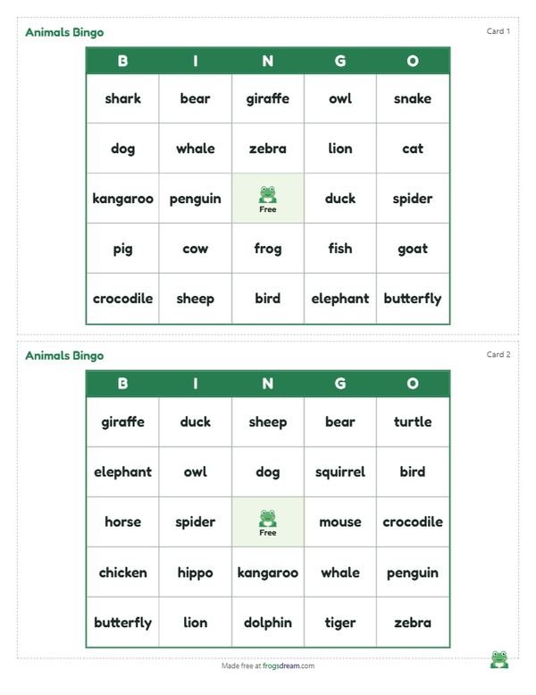 ESL Animals Bingo: free printable bingo card from frogsdream