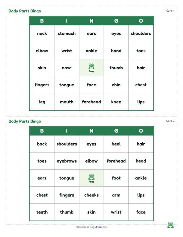 ESL Body Parts Bingo: free printable bingo card from frogsdream