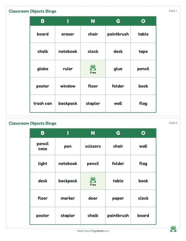 ESL Classroom Objects Bingo: free printable bingo card from frogsdream