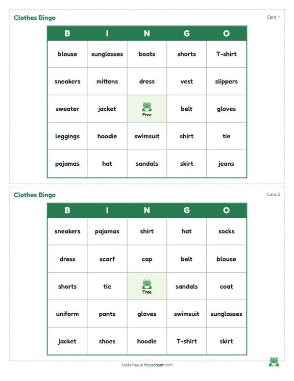 ESL Clothes Bingo: free printable bingo card from frogsdream