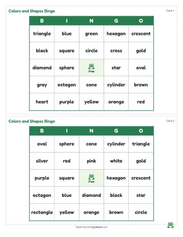 ESL Colors and Shapes Bingo: free printable bingo card from frogsdream