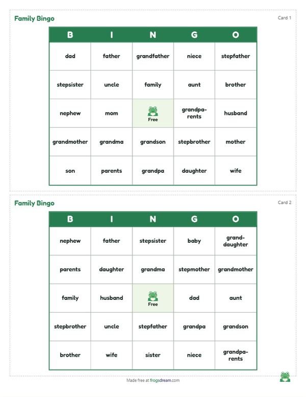 ESL Family Bingo: free printable bingo card from frogsdream