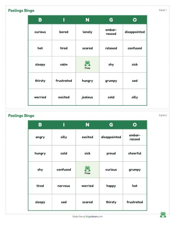 ESL Feelings Bingo: free printable bingo card from frogsdream