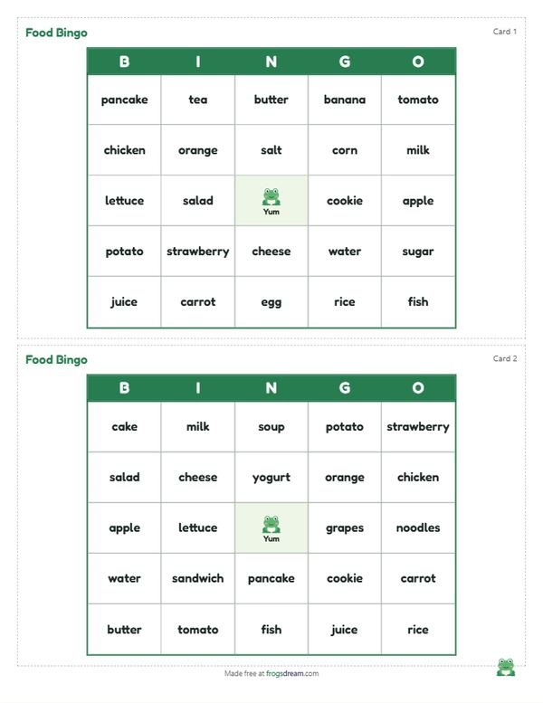 ESL Food Bingo: free printable bingo card from frogsdream