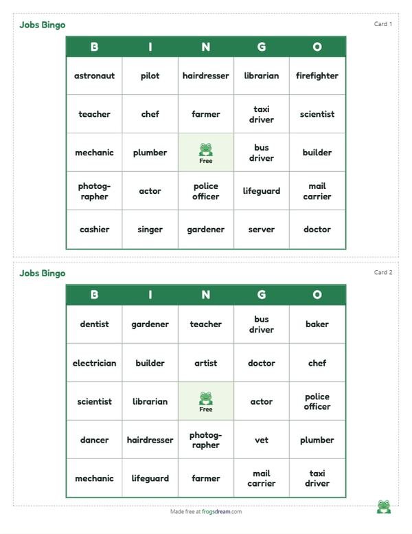 ESL Jobs Bingo: free printable bingo card from frogsdream