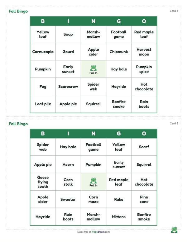 Fall Bingo: free printable bingo card from frogsdream