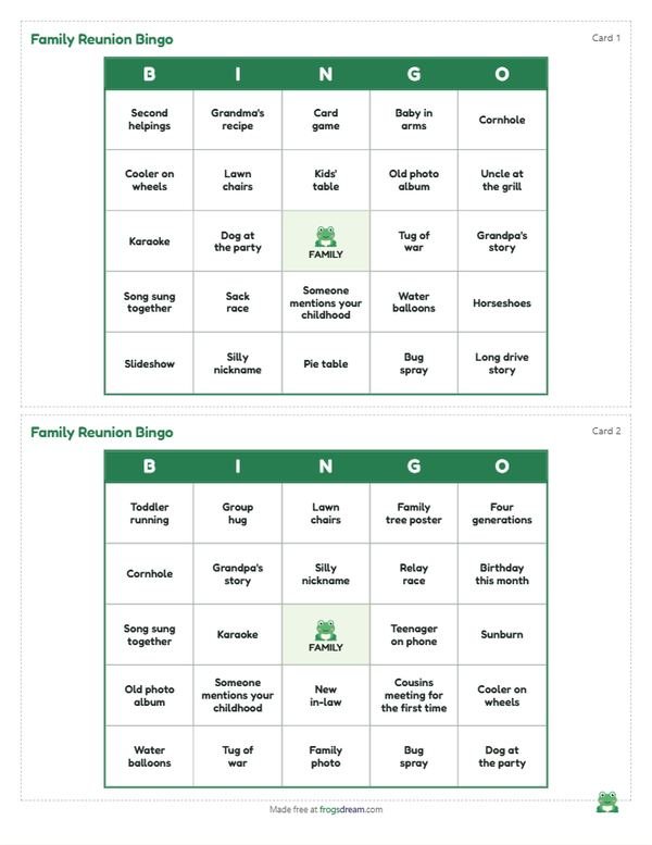 Family Reunion Bingo: free printable bingo card from frogsdream