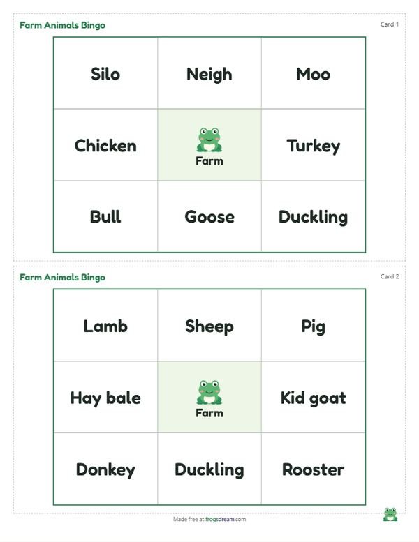 Farm Animals Bingo: free printable bingo card from frogsdream