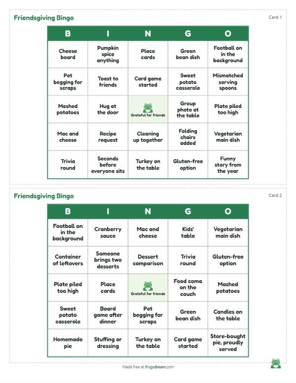 Friendsgiving Bingo: free printable bingo card from frogsdream