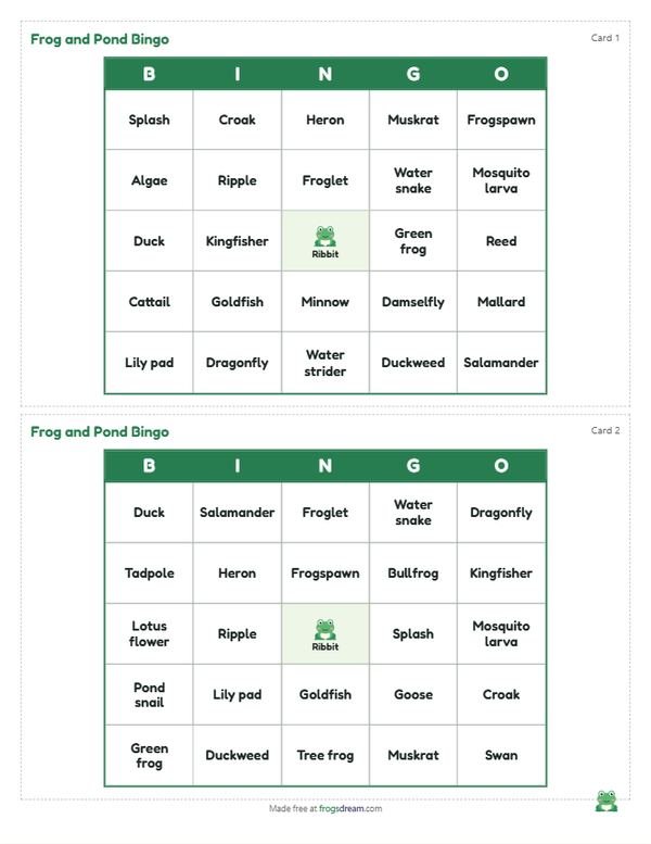 Frog and Pond Bingo: free printable bingo card from frogsdream
