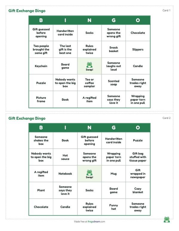 Gift Exchange Bingo: free printable bingo card from frogsdream