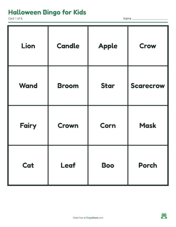 Halloween Bingo for Kids: free printable bingo card from frogsdream