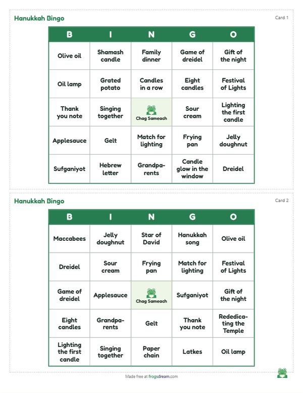 Hanukkah Bingo: free printable bingo card from frogsdream
