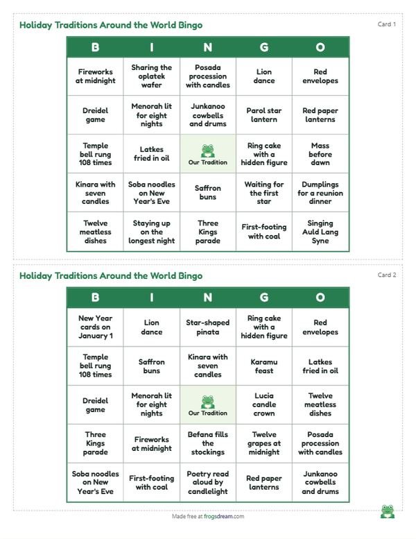 Holiday Traditions Around the World Bingo: free printable bingo card from frogsdream