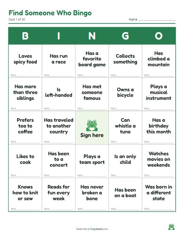 Find Someone Who Bingo: free printable bingo card from frogsdream