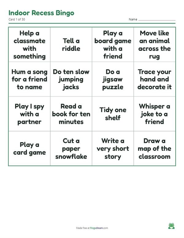 Indoor Recess Bingo: free printable bingo card from frogsdream