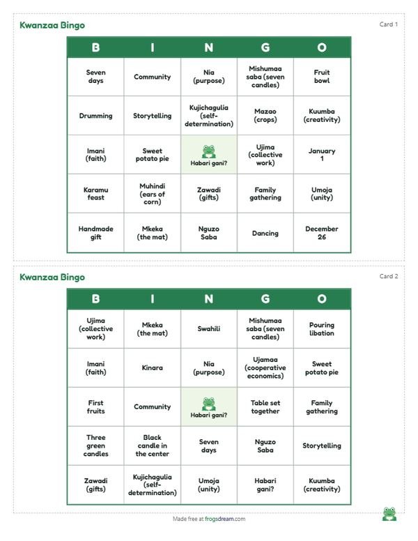 Kwanzaa Bingo: free printable bingo card from frogsdream