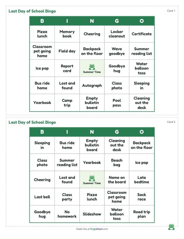 Last Day of School Bingo: free printable bingo card from frogsdream
