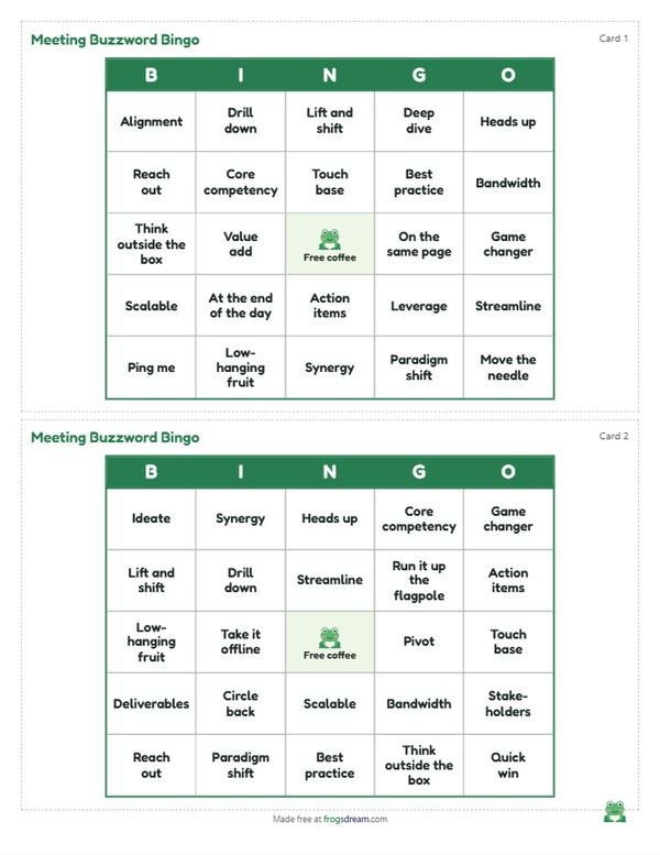 Meeting Buzzword Bingo: free printable bingo card from frogsdream