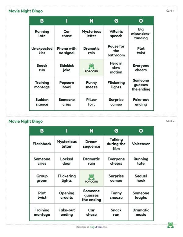 Movie Night Bingo: free printable bingo card from frogsdream