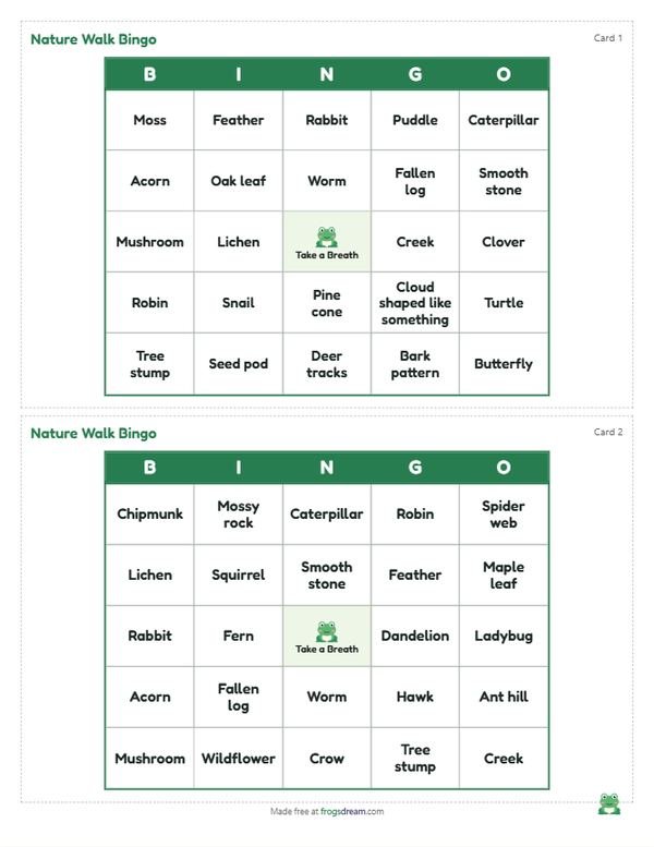 Nature Walk Bingo: free printable bingo card from frogsdream