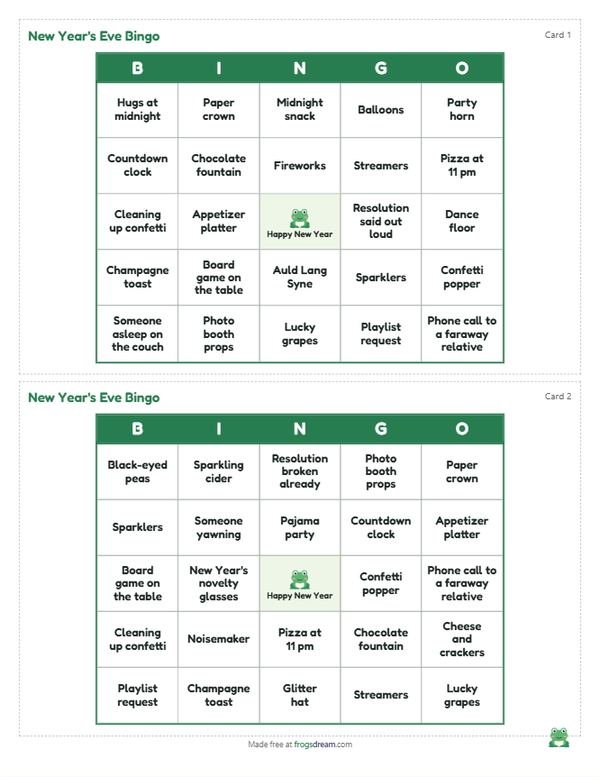 New Year's Eve Bingo: free printable bingo card from frogsdream