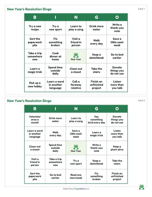 New Year's Resolution Bingo: free printable bingo card from frogsdream