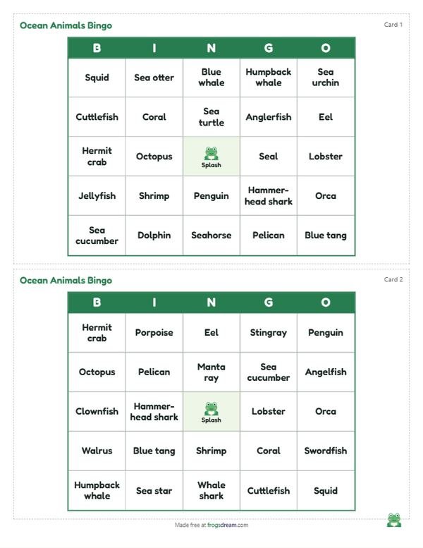 Ocean Animals Bingo: free printable bingo card from frogsdream