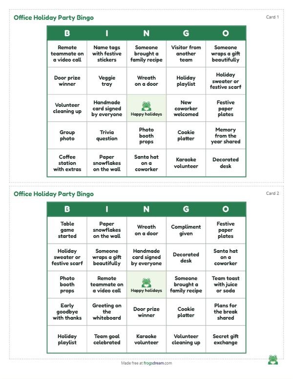 Office Holiday Party Bingo: free printable bingo card from frogsdream