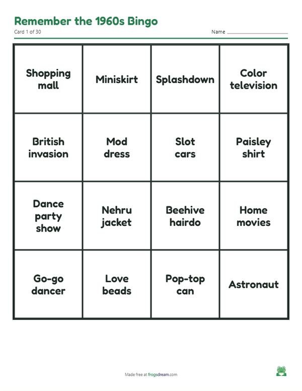 Remember the 1960s Bingo: free printable bingo card from frogsdream